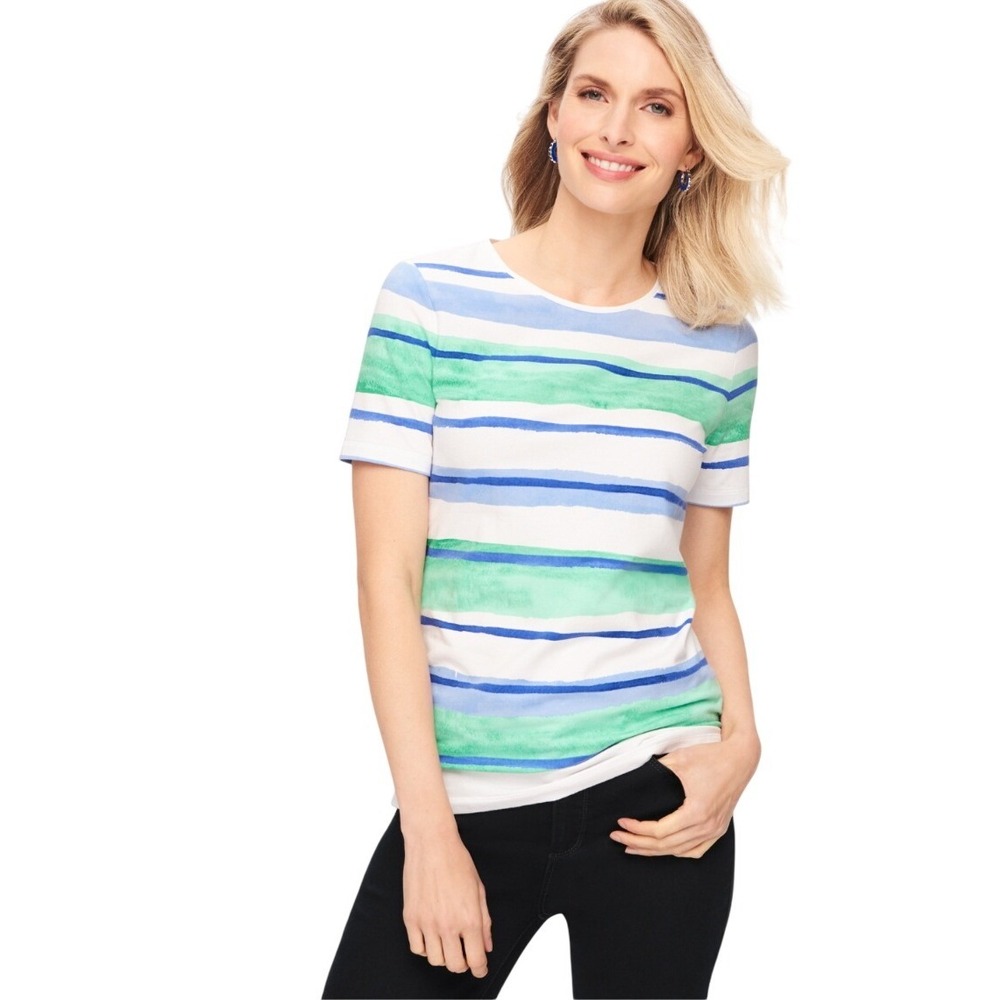 Talbots Tee Womens XS Blue Green Watercolor Stripe Casual Cotton Top NWOT $55